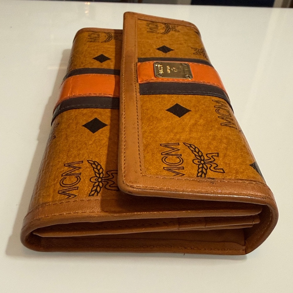 MCM Brown and Black Logo Continental Wallet with Orange Accent - Picture 8 of 11